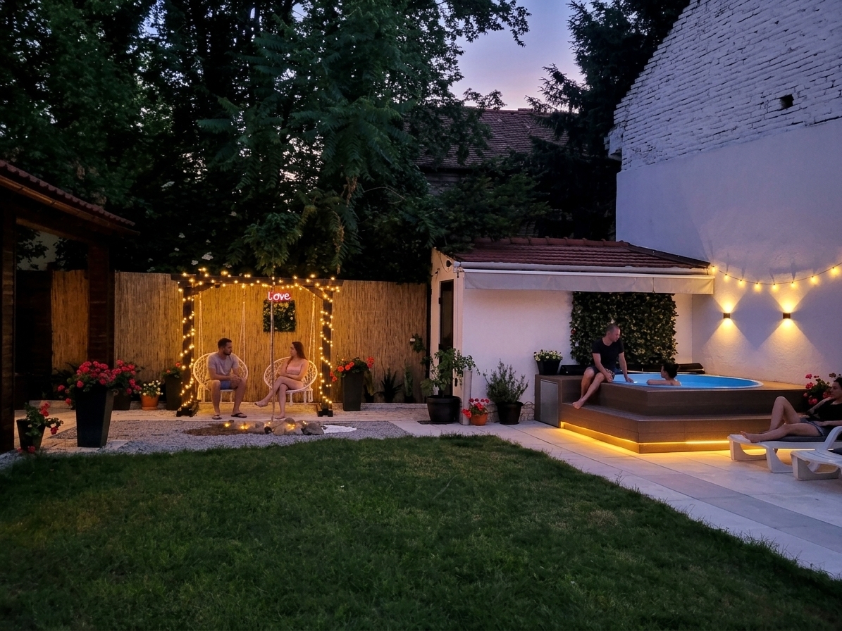 Curtea Villa DeaDorata seara — luminițe, leagăne și jacuzzi iluminat