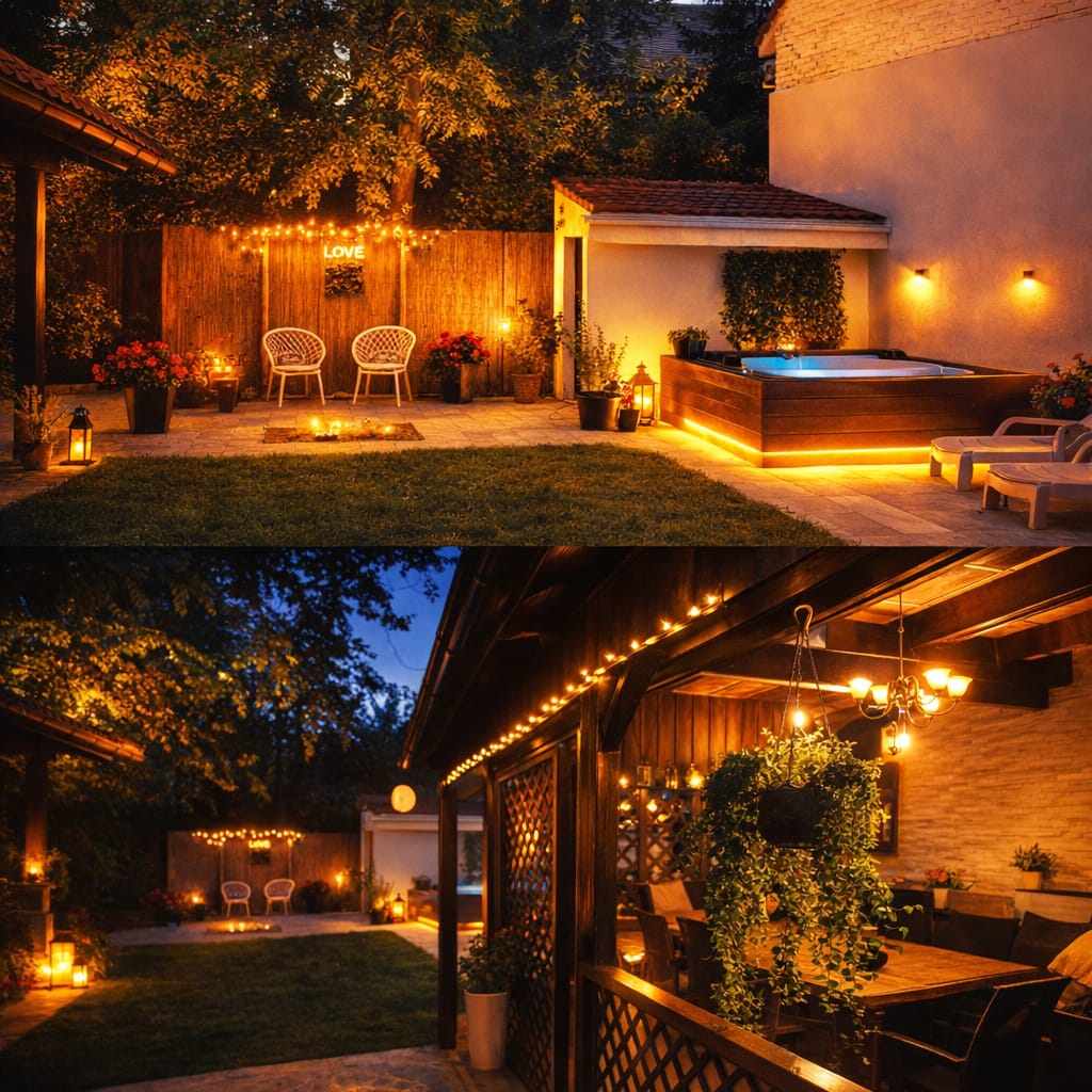 Atmosfera de seară în grădina Villa DeaDorata — jacuzzi, foișor și luminițe